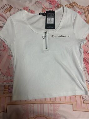 True Religion White Ribbed Zip-Front Crop Top
